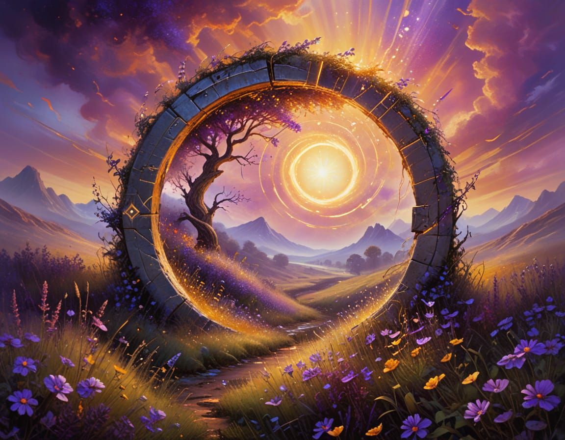 Surreal Portal Drifts Through Meadow in Oil Painting