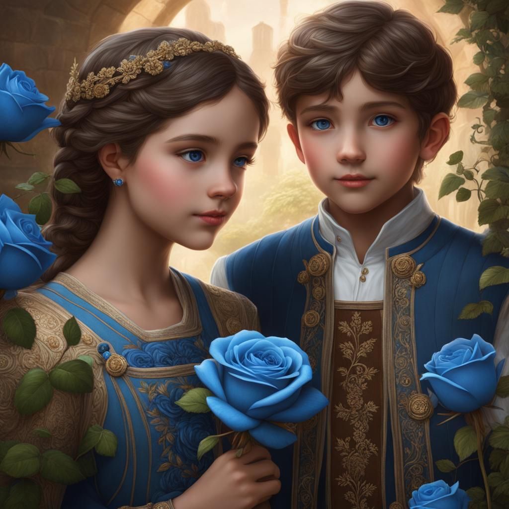 Medieval Garden Scene with Children and Blue Roses