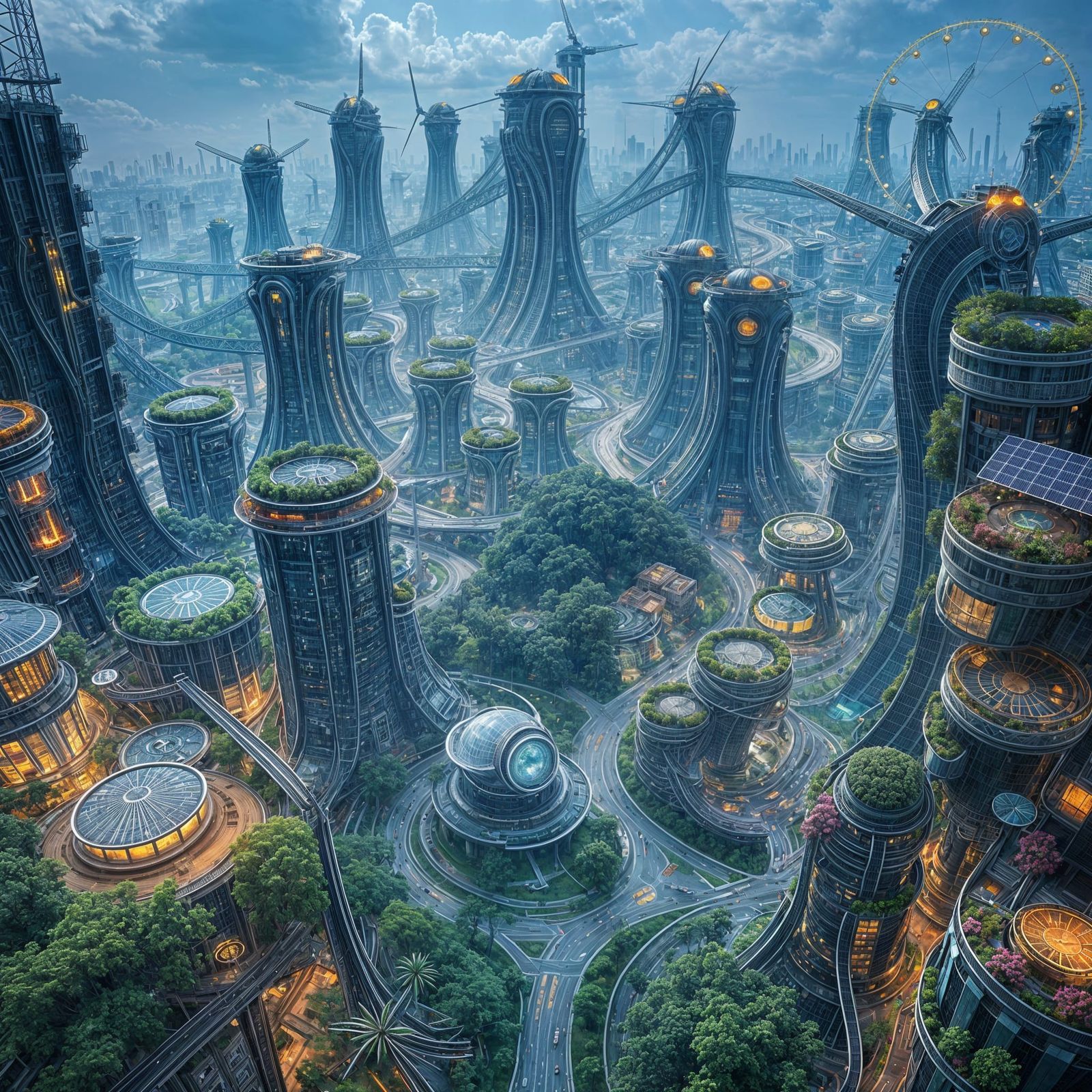 Solar Punk Cityscape with Windmills and Gardens