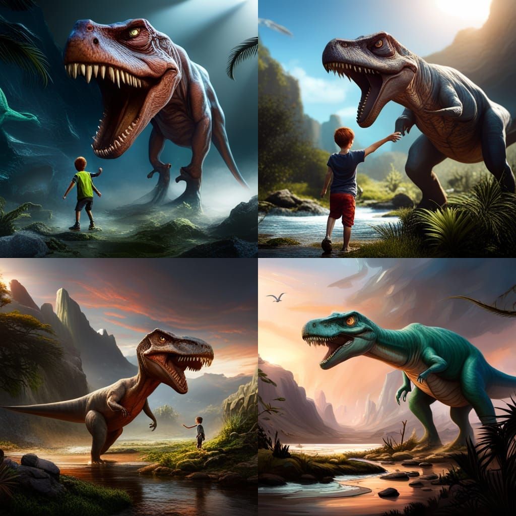 Boy Shapeshifting into Dinosaur, Detailed Matte Painting