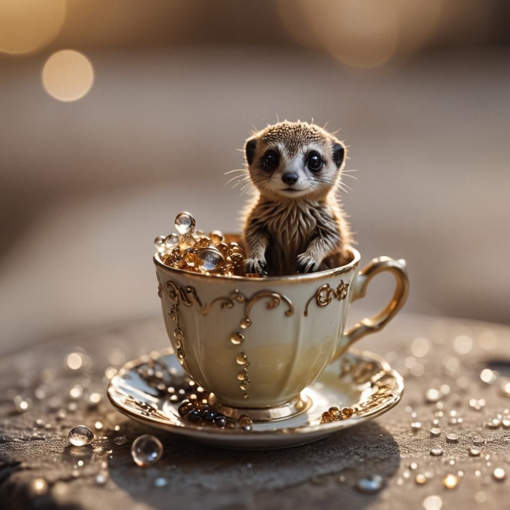 Macro Meerkat in Teacup: Golden Light Still