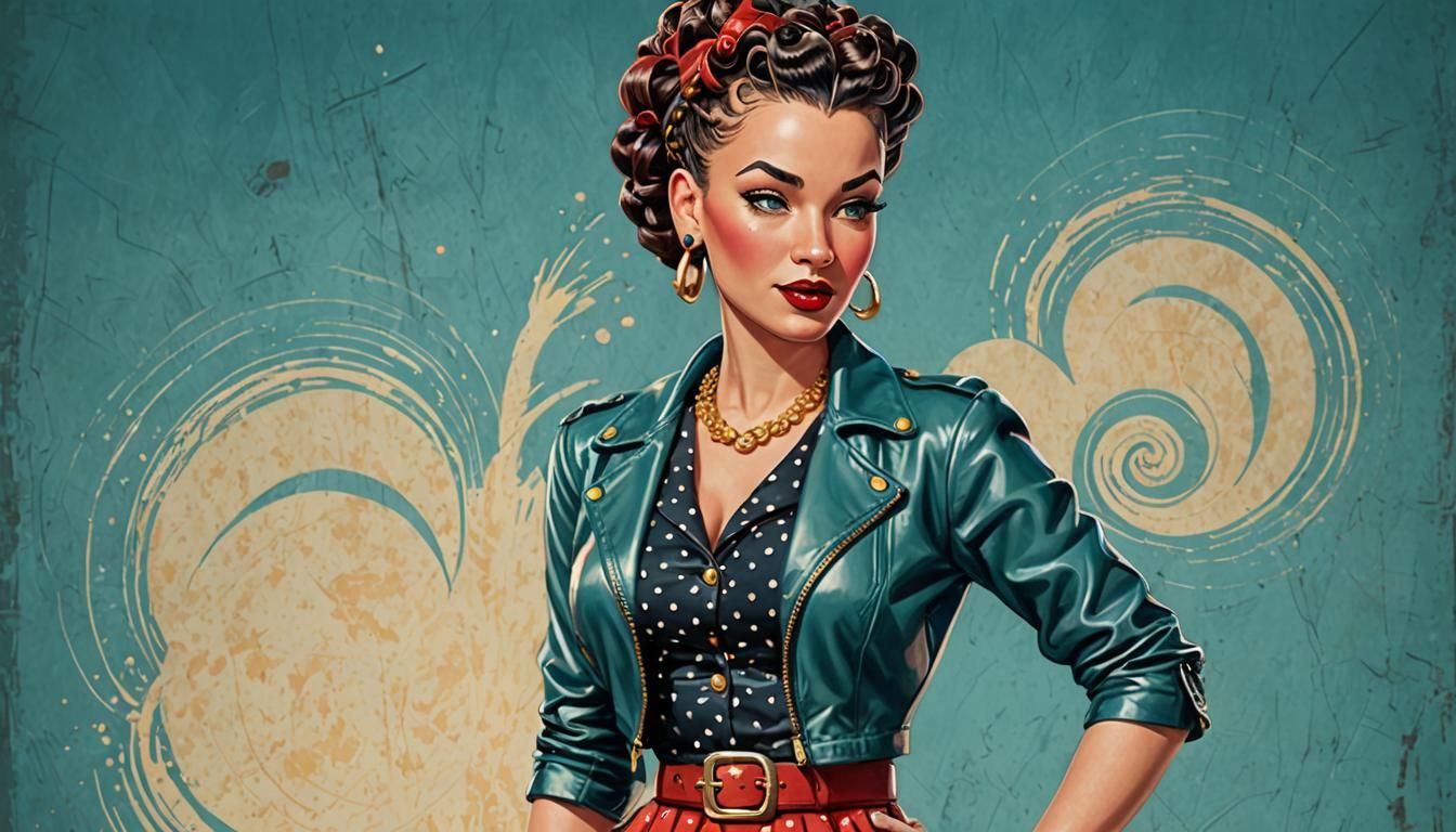 Stylized Cartoon Pin-Up with Braids and Curls