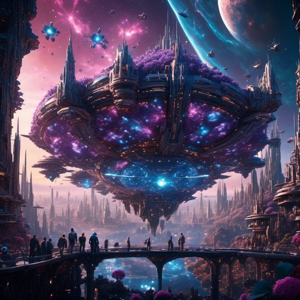 a massive galactic spaceship shaped like a butterfly, there ...