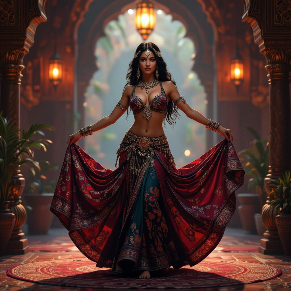 Belly Dancer in Opulent Interior, Matte Painting Style