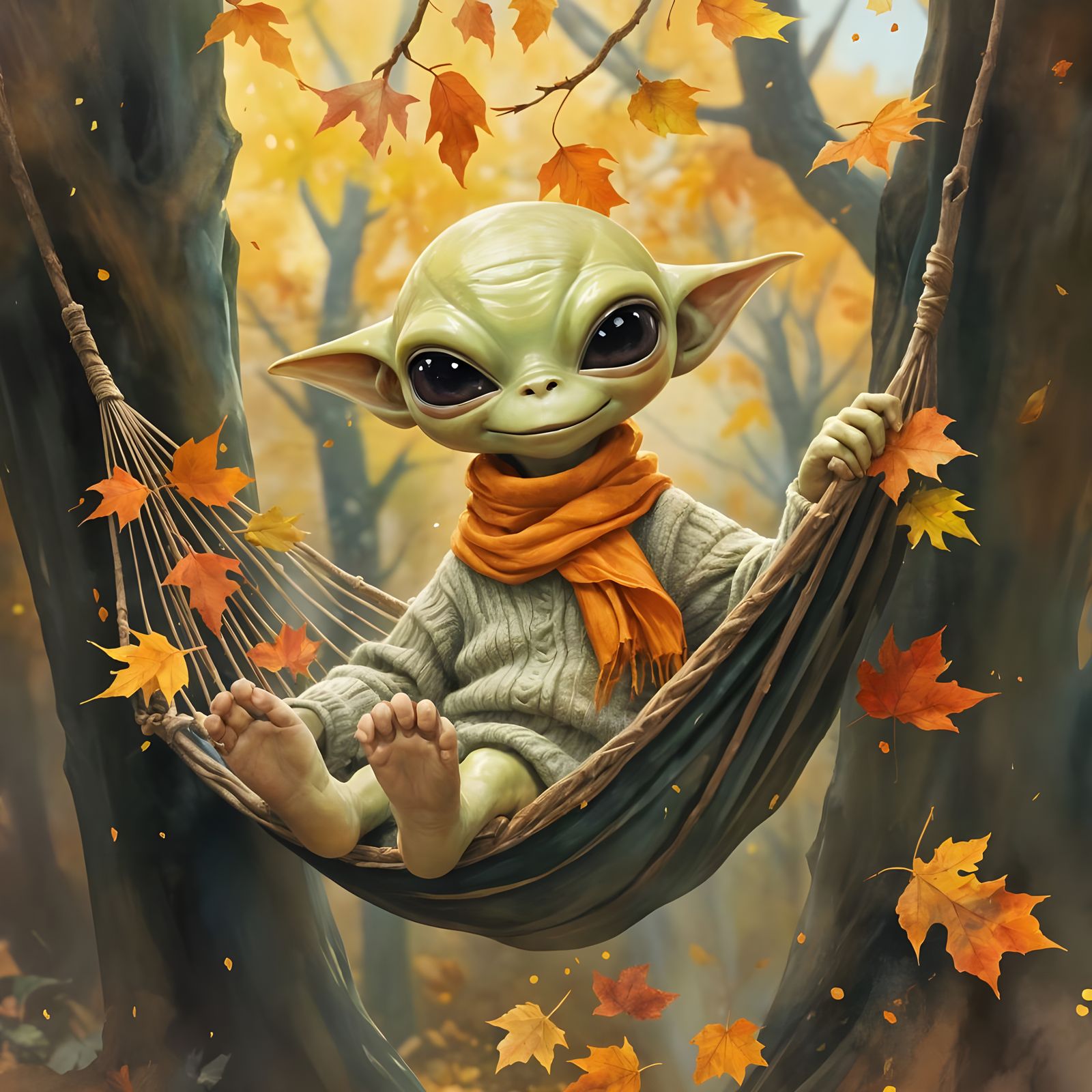 Friendly Alien Enjoying Autumn in Gouache Style