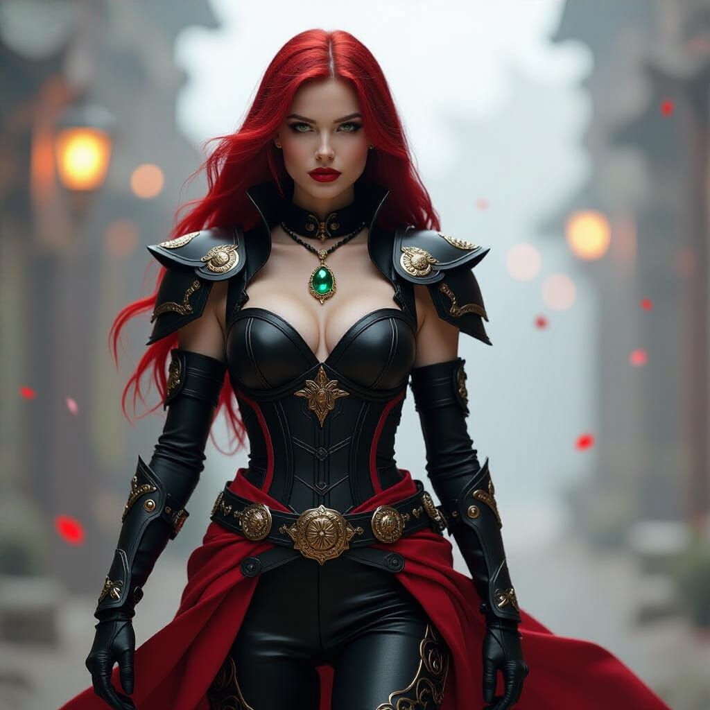 Armored Woman with Red Hair in Moody Lighting