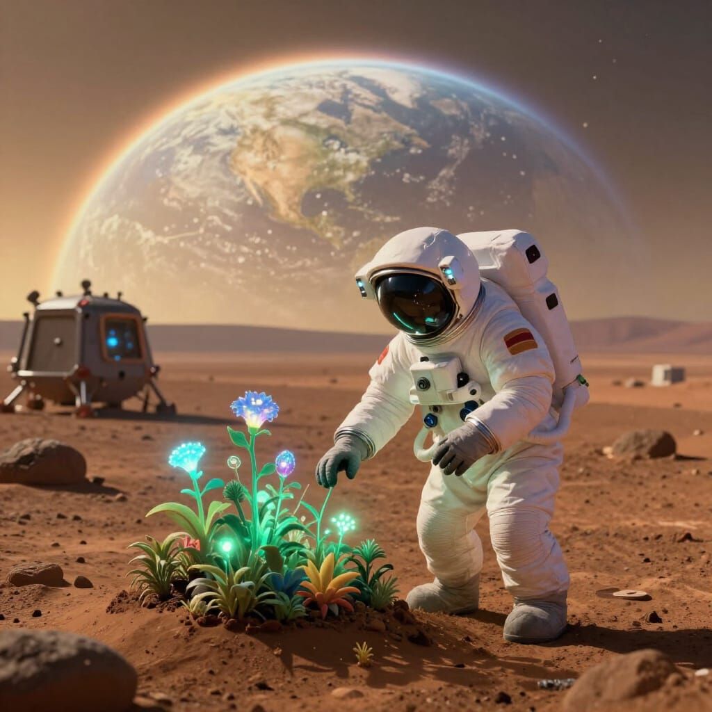 Astronaut Tends Martian Garden Under Earthrise in Ghibli Sty...