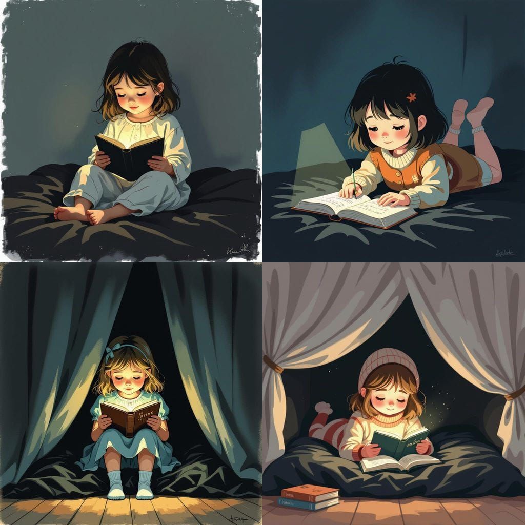 Pale Girl Reading Under Bed with Flashlight