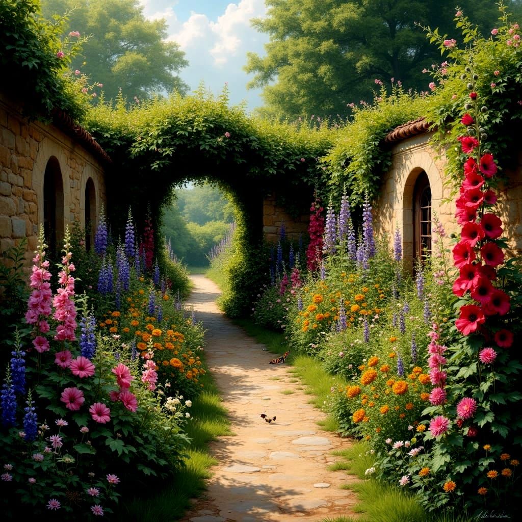 Vibrant Garden Scene in Impressionist Style