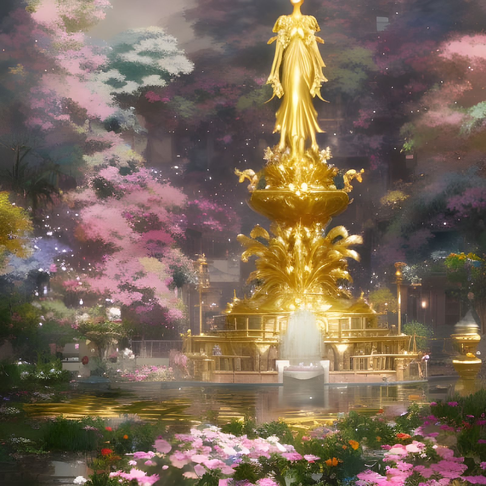 Majestic Golden Fountain with Flowers, Anime Style