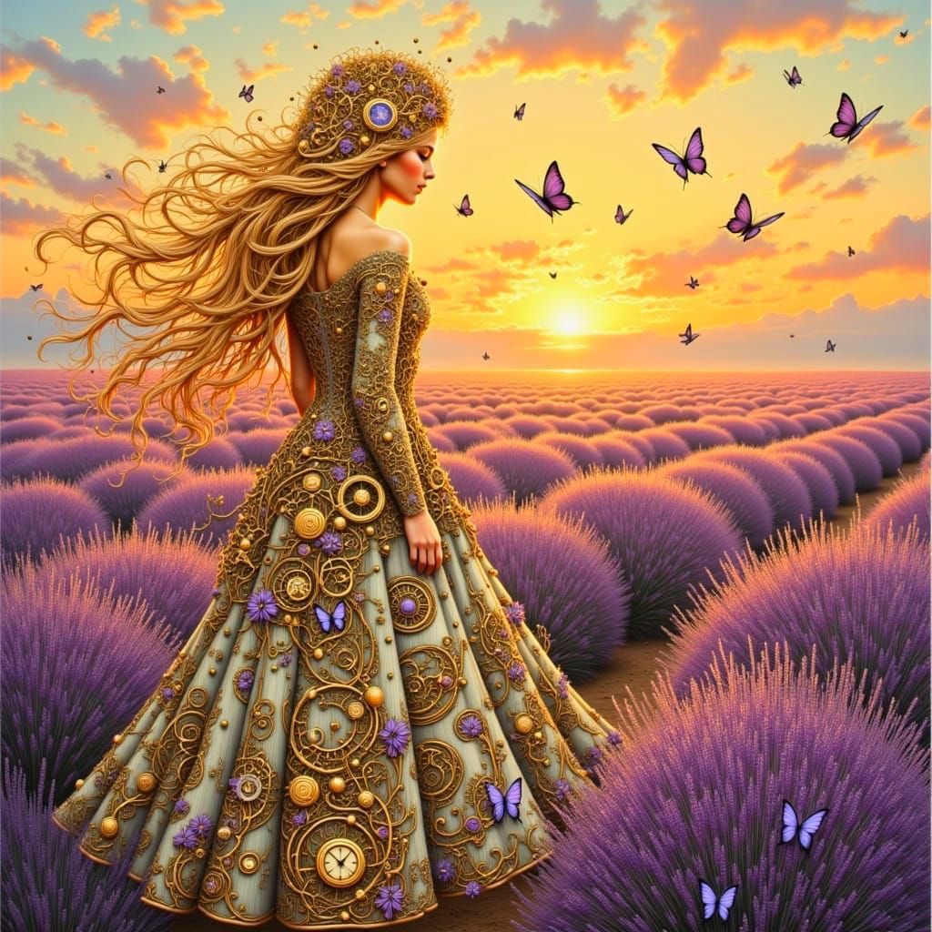 Steampunk Woman in Lavender Field, Art Nouveau Style