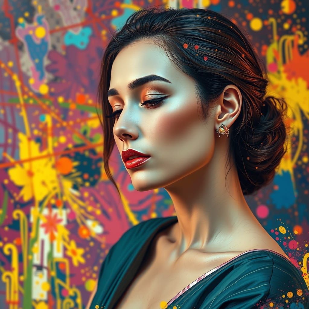 Serene Woman in Vibrant Hyperrealistic Splash Art