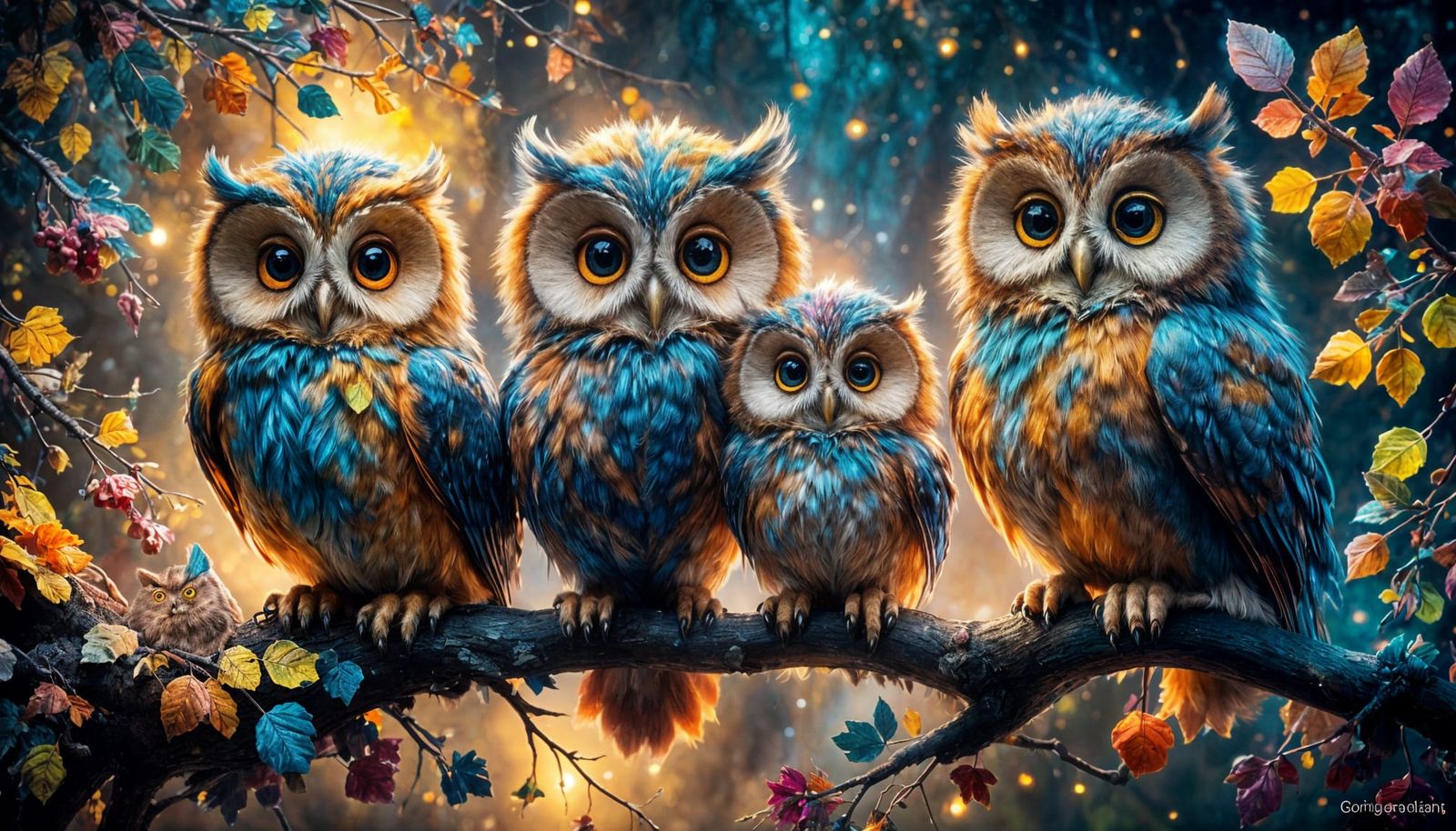 Colorful Fluffy Owls in Mystical Fantasy Scene