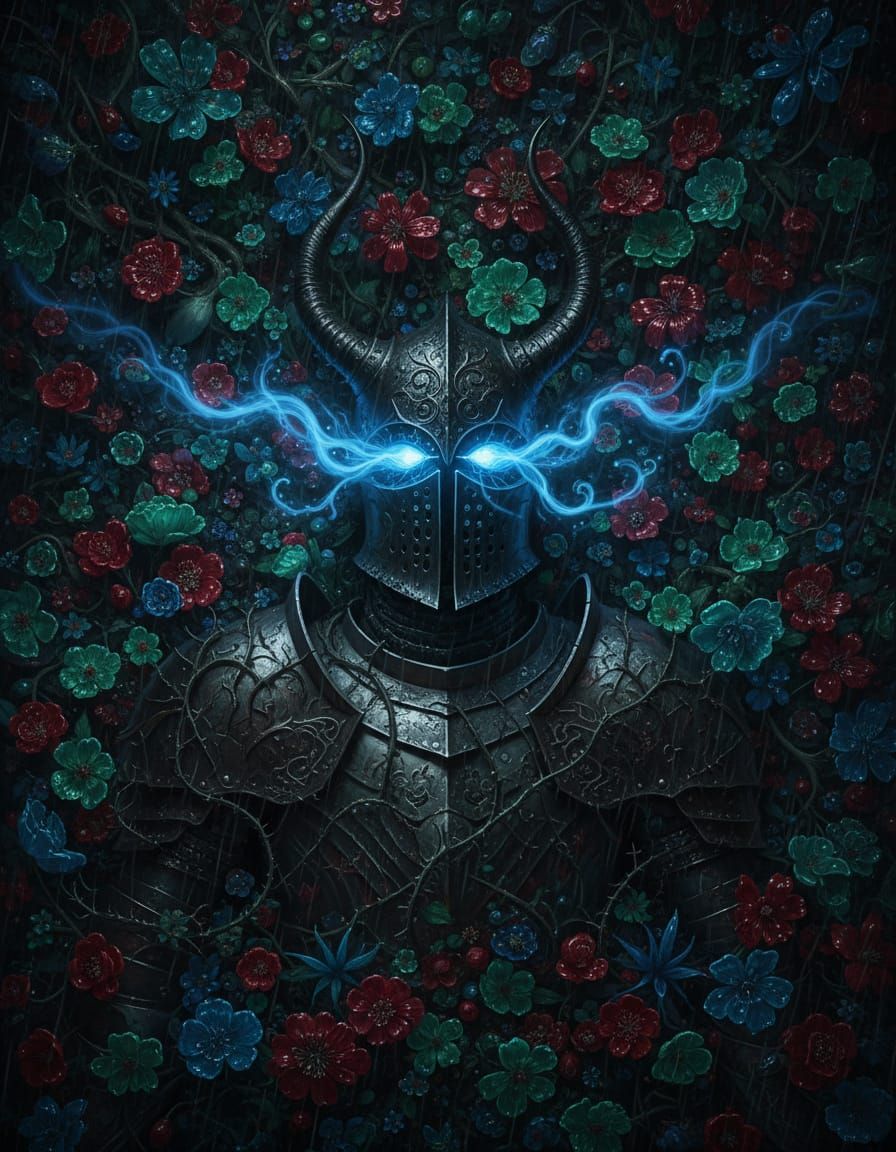 Knight in Flowers: Dark Fantasy Artwork with Blue Glow