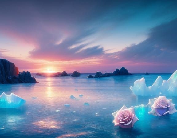 Ethereal Twilight Seascape with Rose Quartz Waters and Icebe...