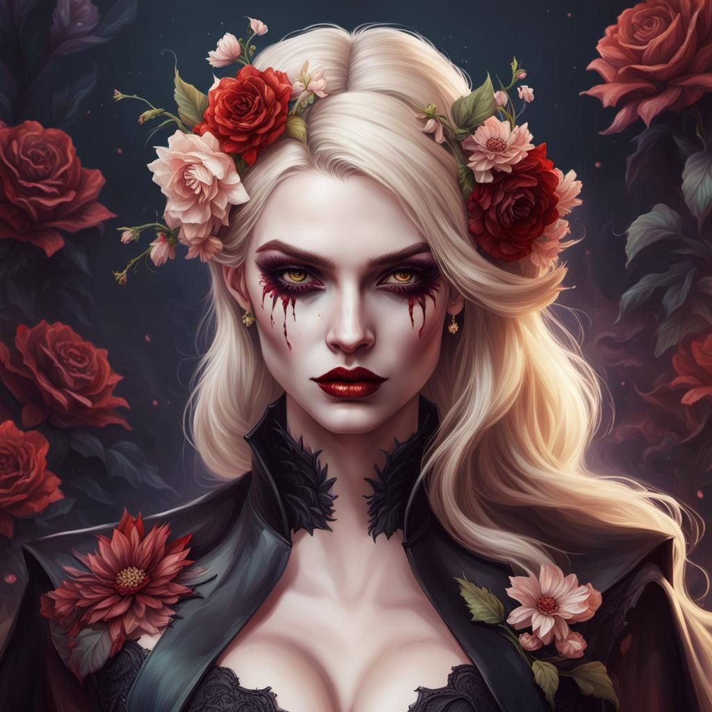 Detailed Portrait of a Vampire Woman with Flowers