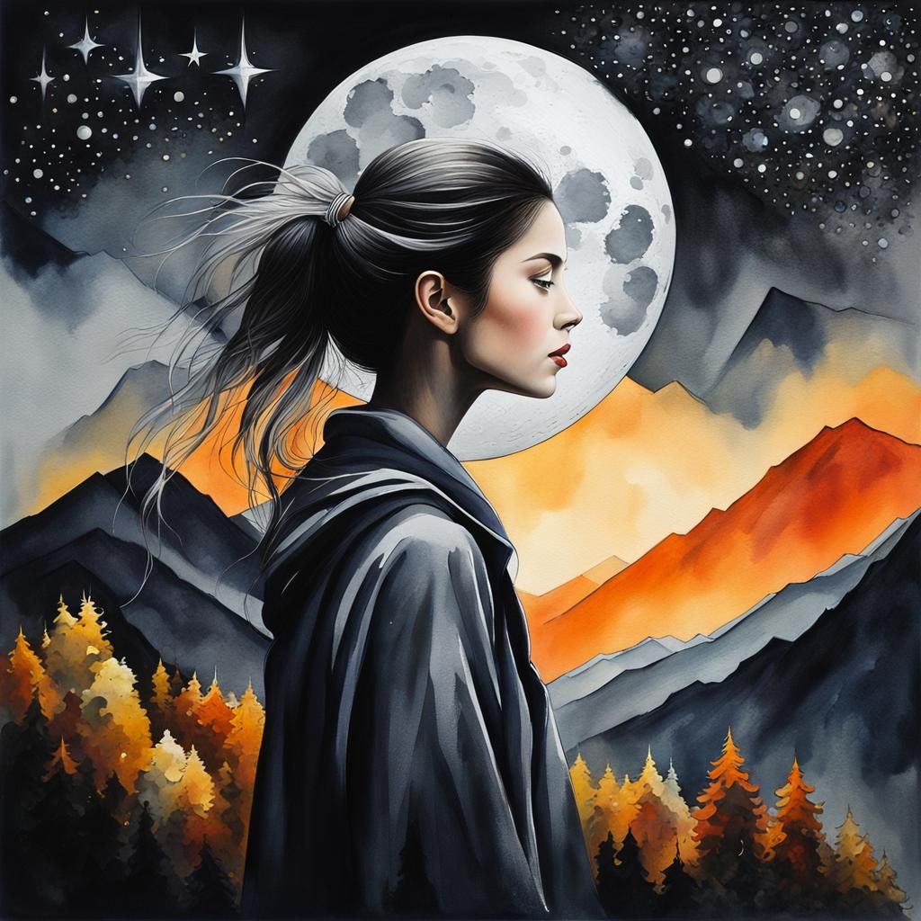 Lonely Girl Under Stars: Emotional Watercolor Painting