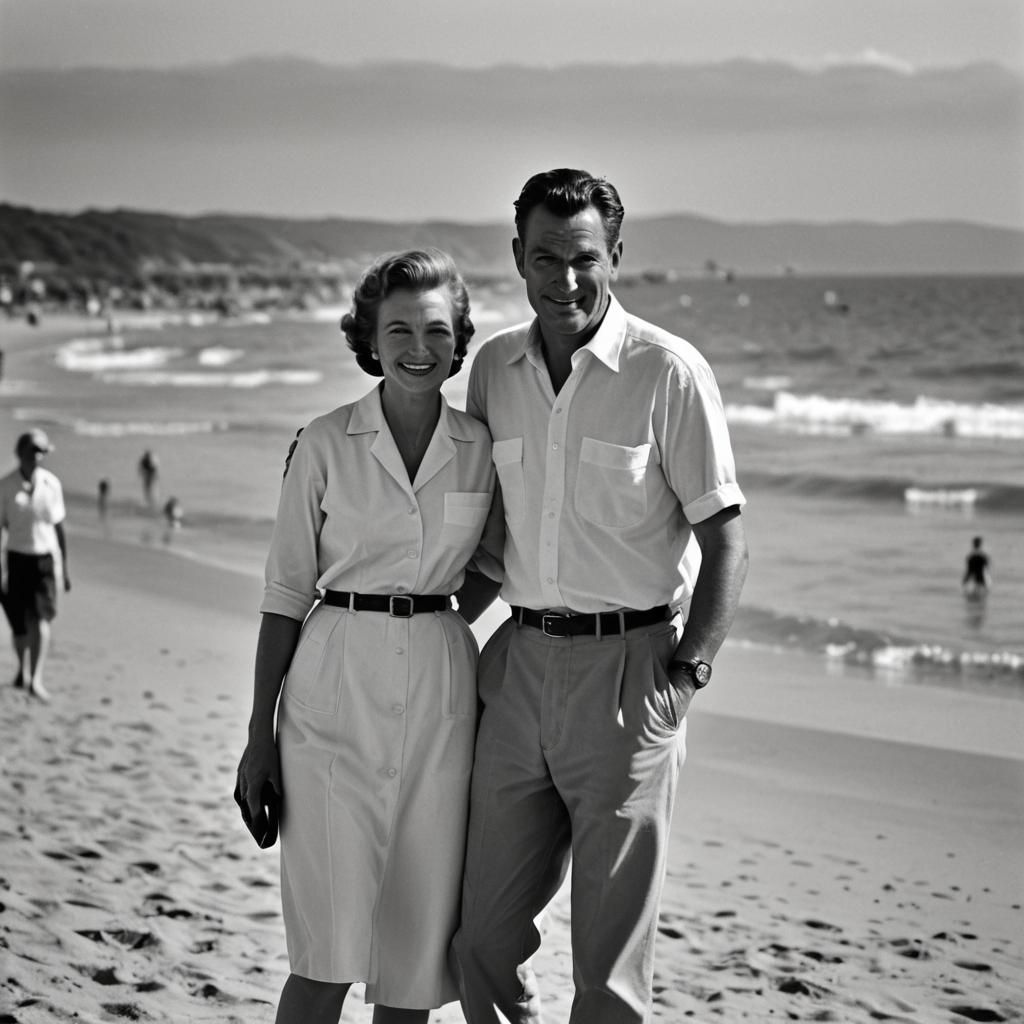 1950s Beach Photo of a Couple in Black and White
