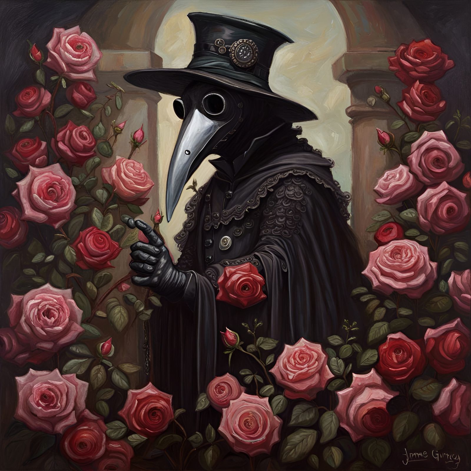Rose-Smothered Plague Doctor in Dark Garden