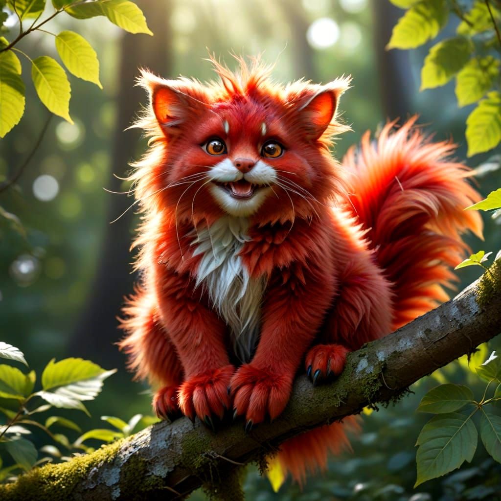 Smiling Red Furry Creature on a Branch