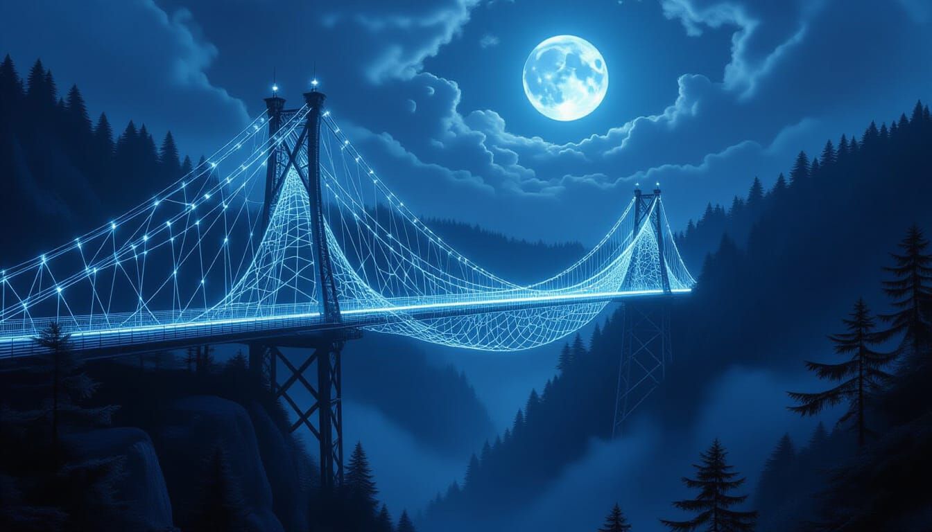 Spiderweb Bridge Over Forest Ravine in Ethereal Style