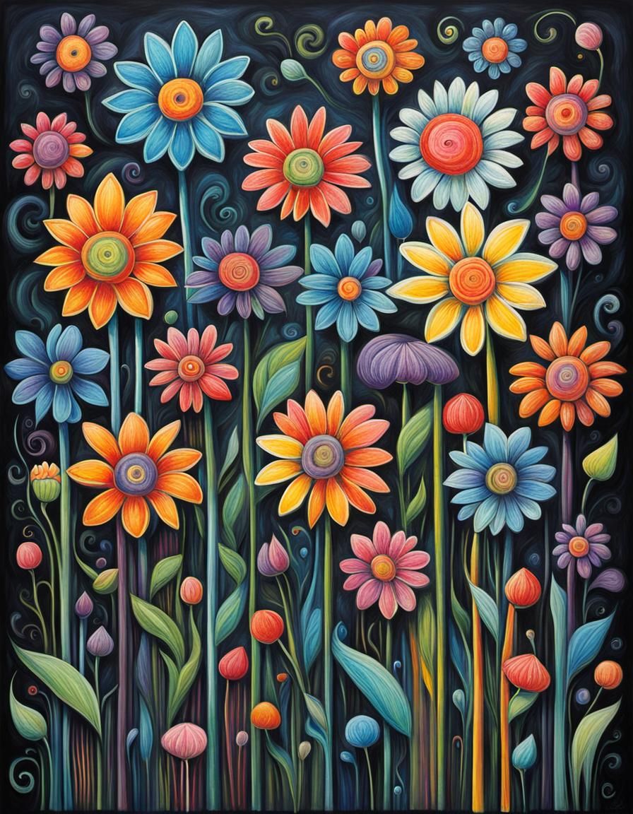 Intricate Chalk Art: Abstract Spring Flowers in Burton Style