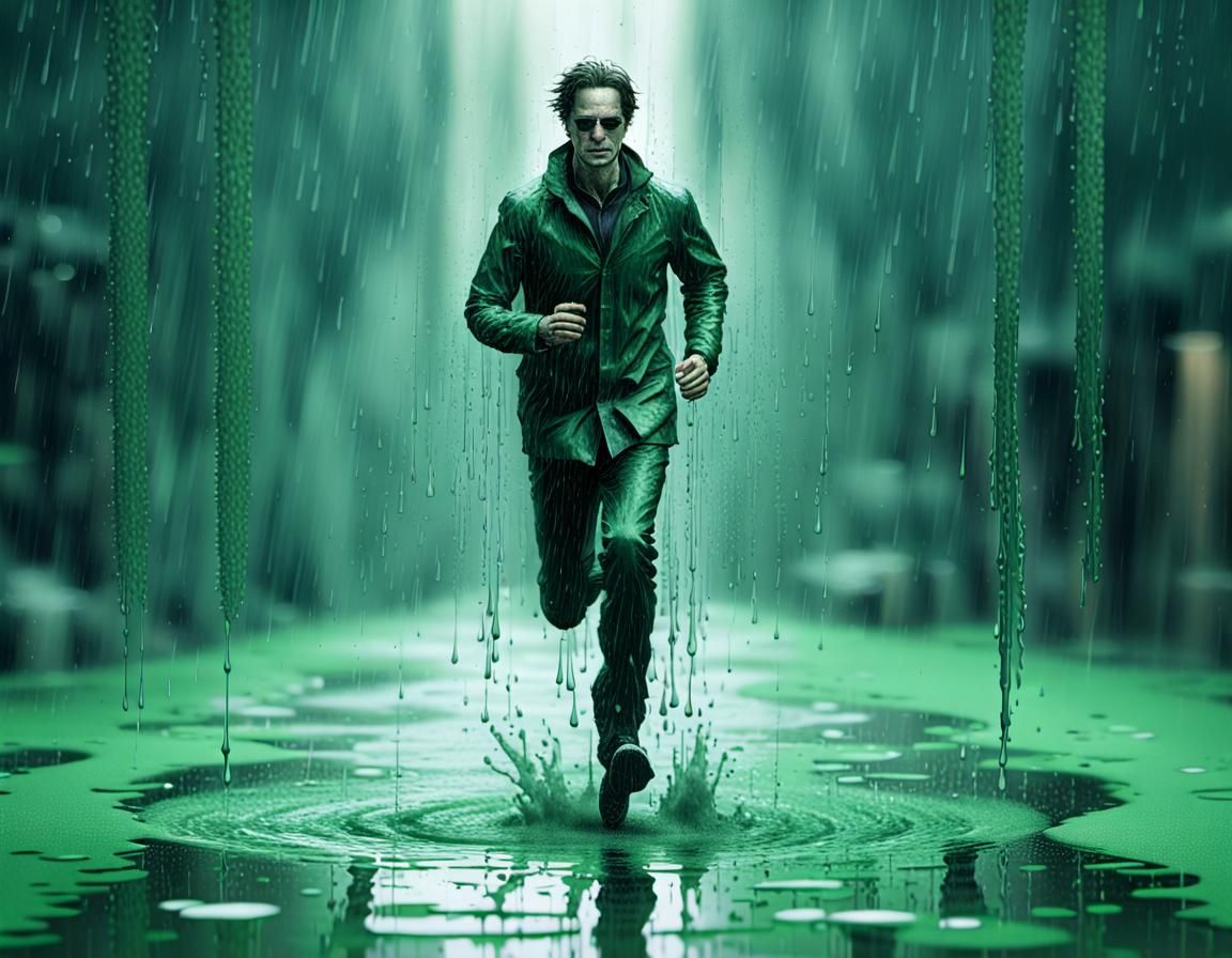 Man Running in Rain as Green ASCII Art