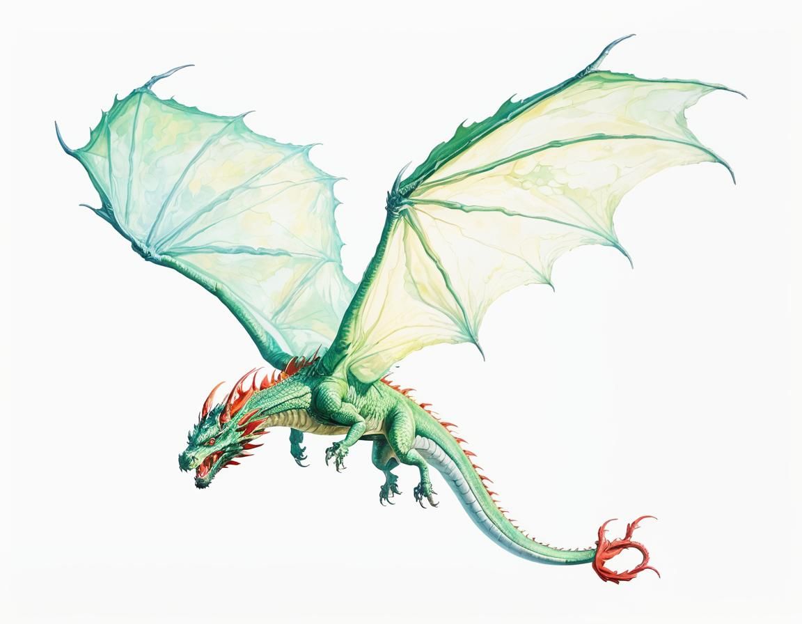 Red Dragon Flies Over Countryside, Fantasy Oil Painting