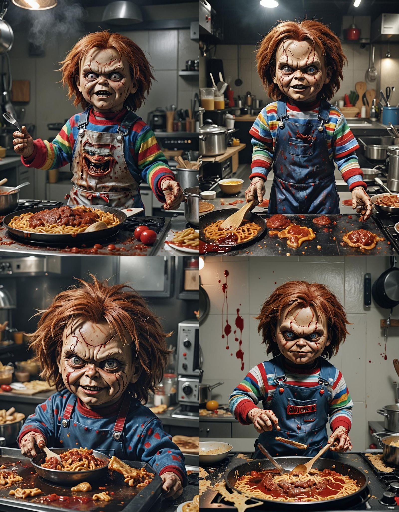 Hyperrealistic Chucky in a TV Cooking Studio