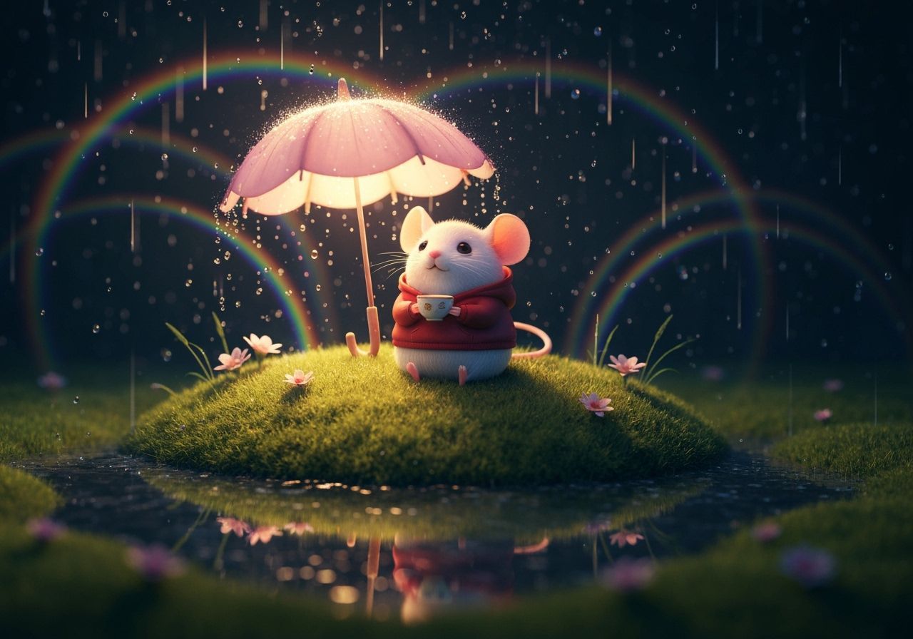 Mouse Under Glowing Umbrella in Dreamy Forest