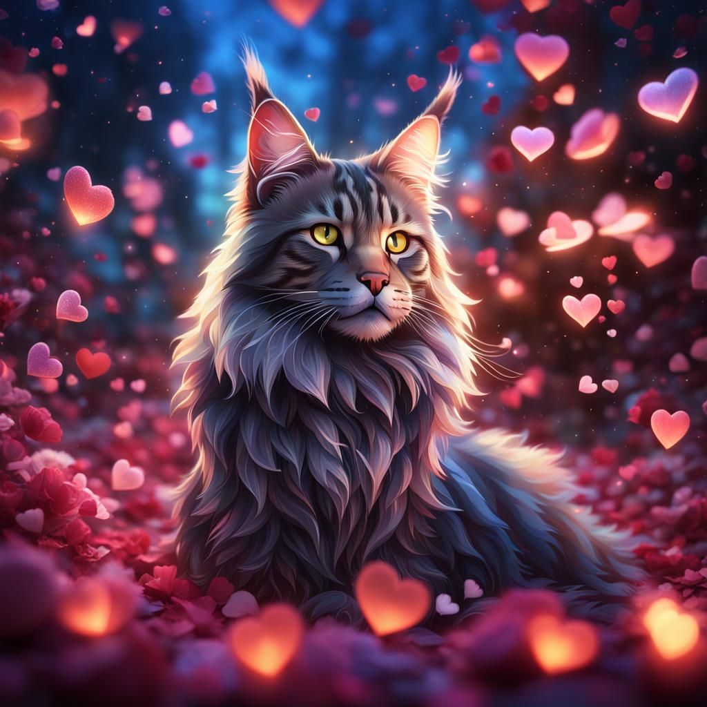Glowing Mainecoon Cat with Hearts and Glitter