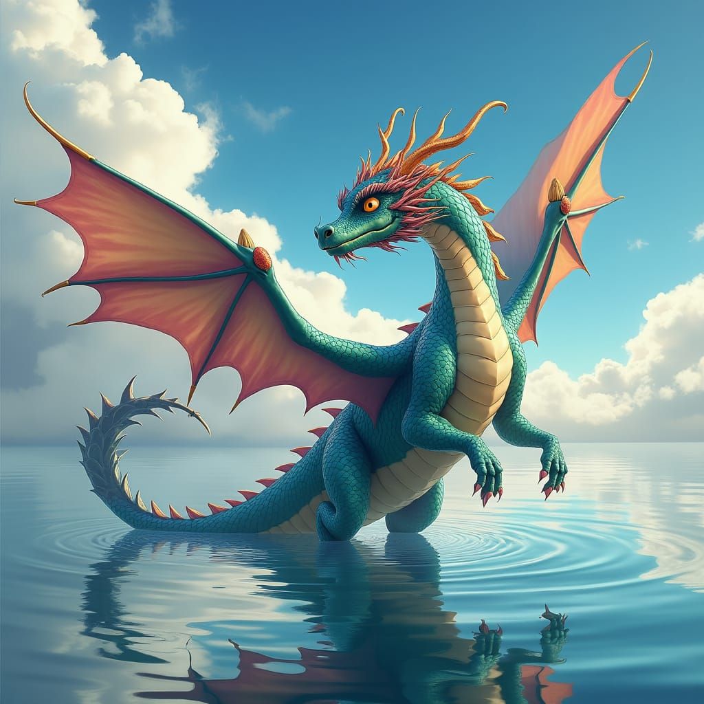 Iridescent Dragon Ascends Over Serene Lake