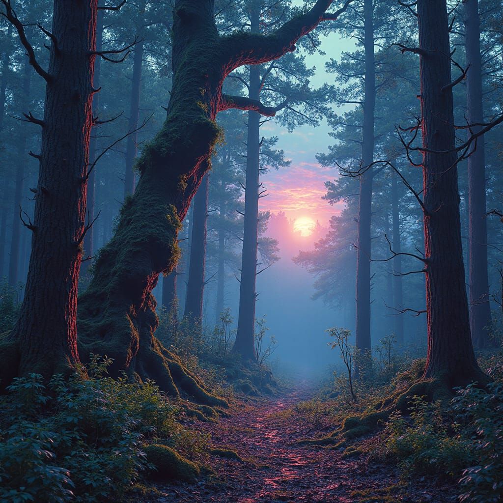 Surreal Twilight Forest with Digital Glitches