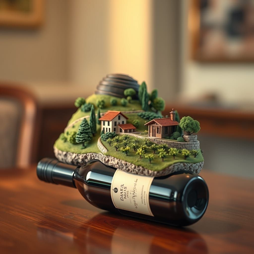Miniature Vineyard Wine Bottle Scene in Hyper-Realistic Styl...