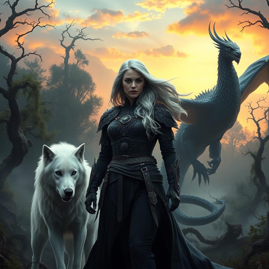 Heroic Woman with Dragon and Wolf in Mystical Forest