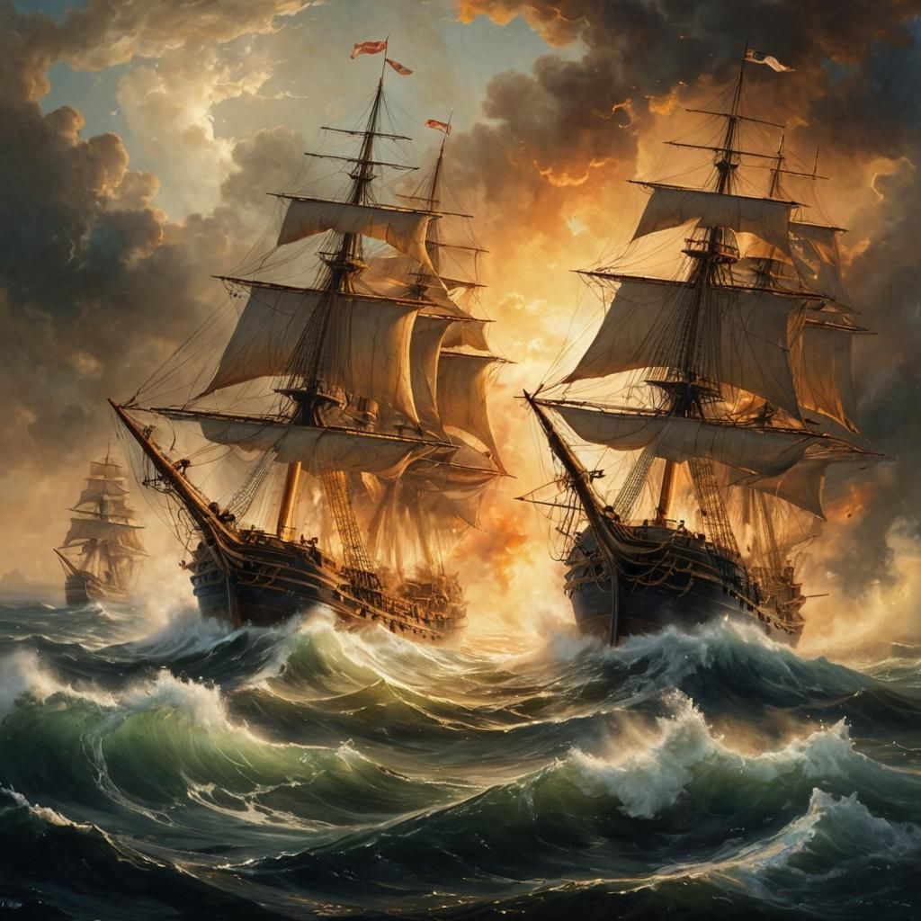 Epic Sea Battle in the Style of Oil Painting
