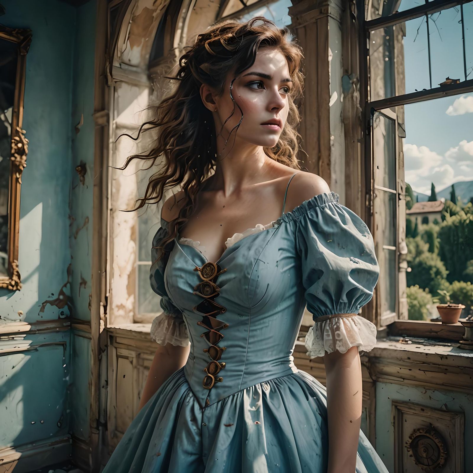 Steampunk Woman in Italian Villa, Cinematic Lighting