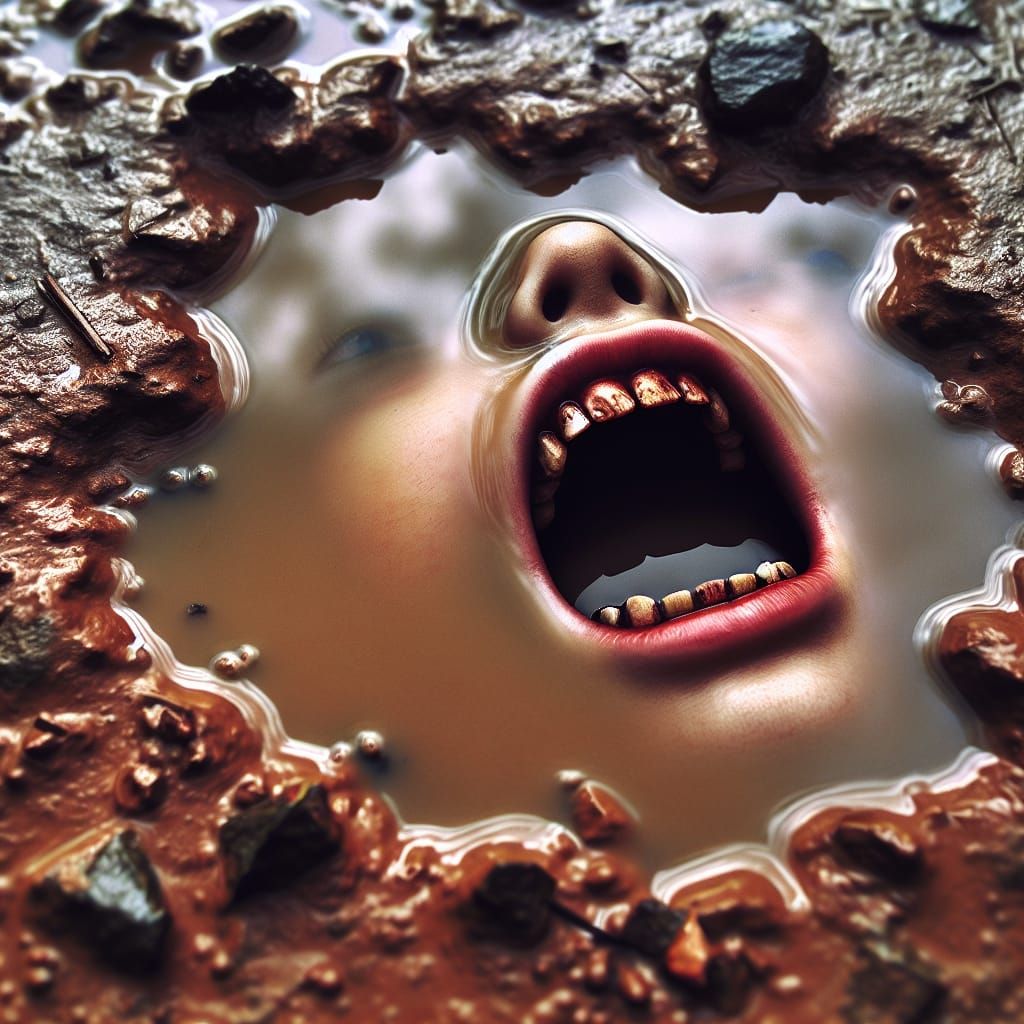 Surreal Muddy Puddle with Floating Lips in a State of Panic
