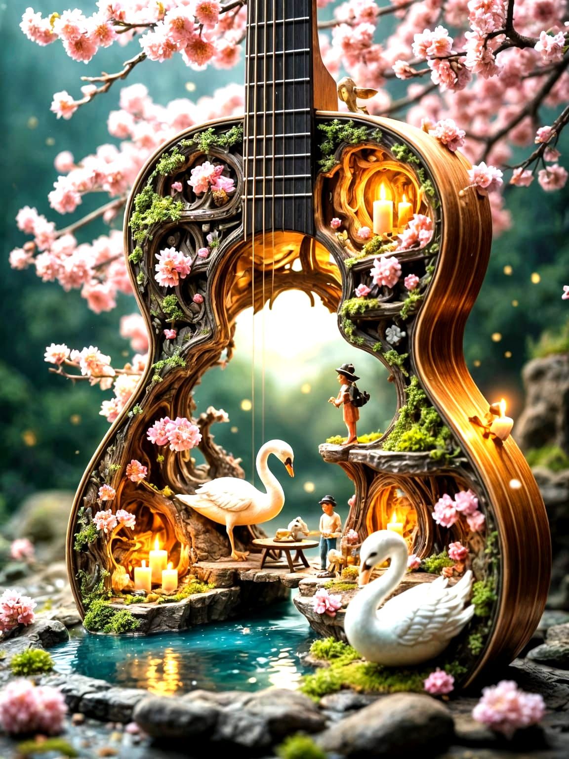 Acoustic Guitar Diorama with Cherry Blossoms and Swans