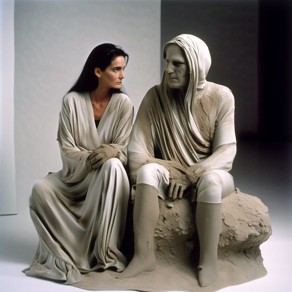 Photorealistic Clay Sculpture of Couple in White Room