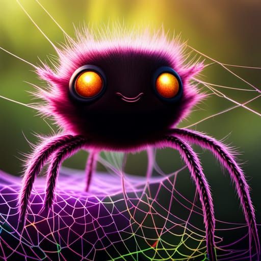 Cute Baby Spider on Luminous Web in Watercolor Style