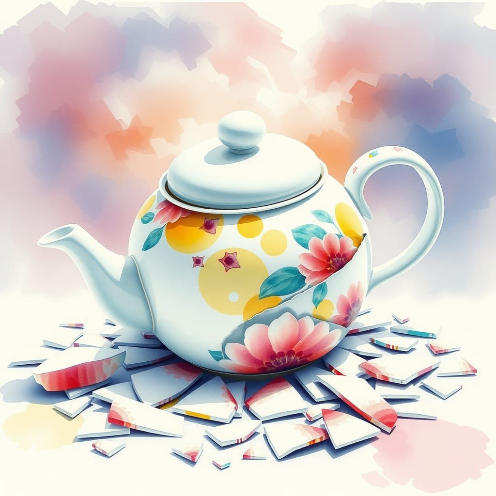 Teapot Shatters in Impressionist Watercolor
