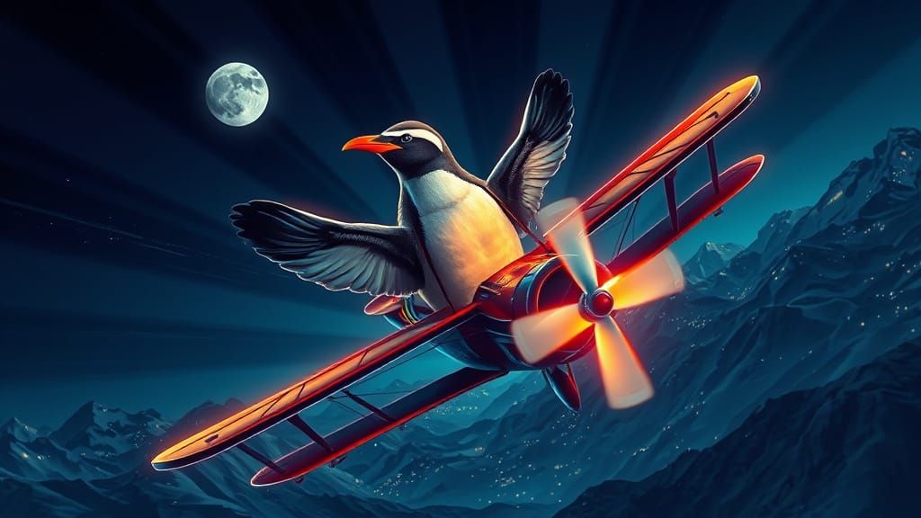 Aztec Penguin Flies Bi-Plane in Surreal Nightscape