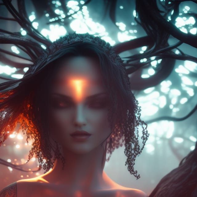 Moonlit Pond Horror: Sinister Woman in Art Nouveau Style