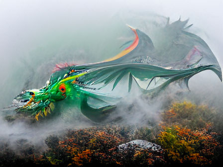 Dragon Soaring Through Misty Fog