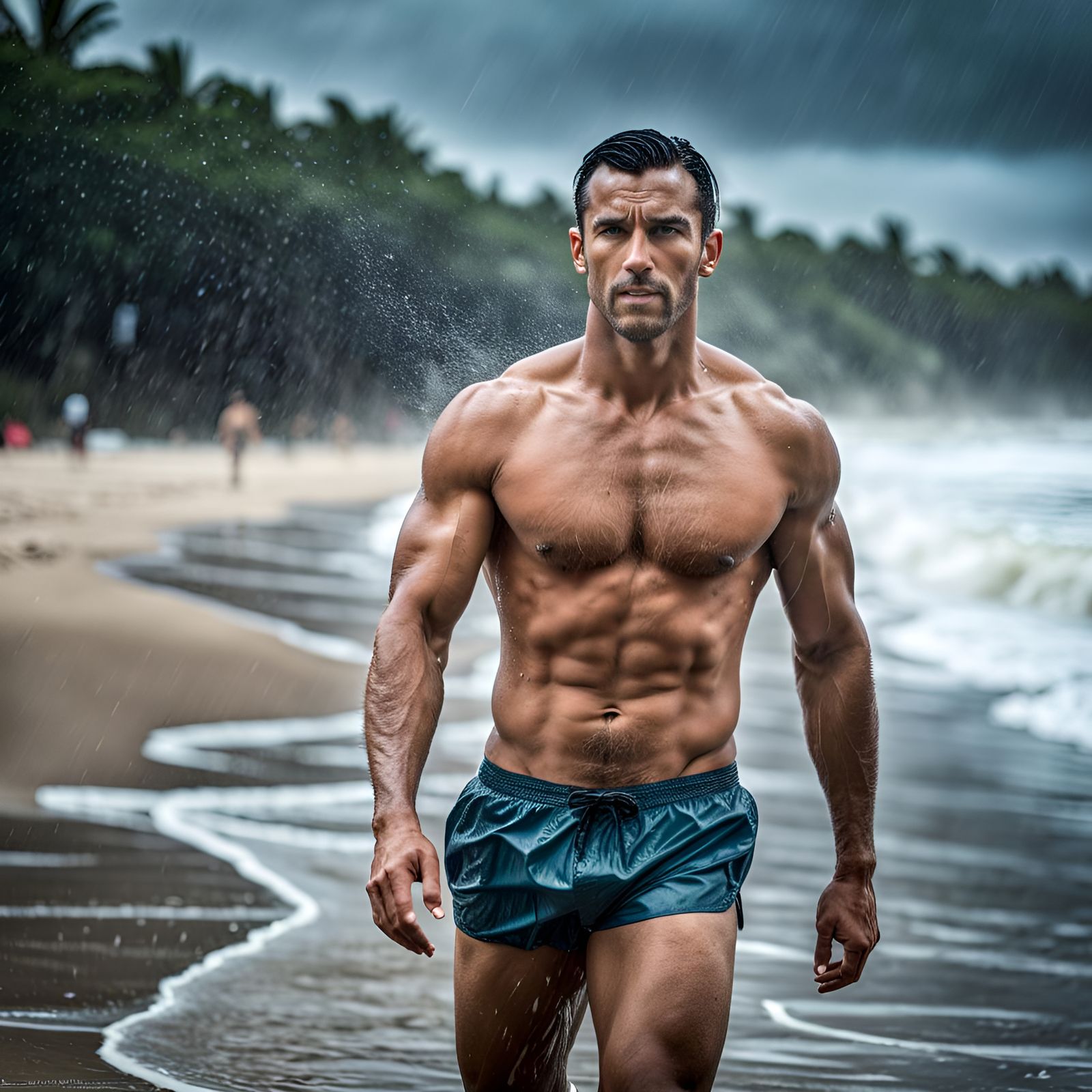 Hyperrealistic Photo of Shirtless Man in Rain