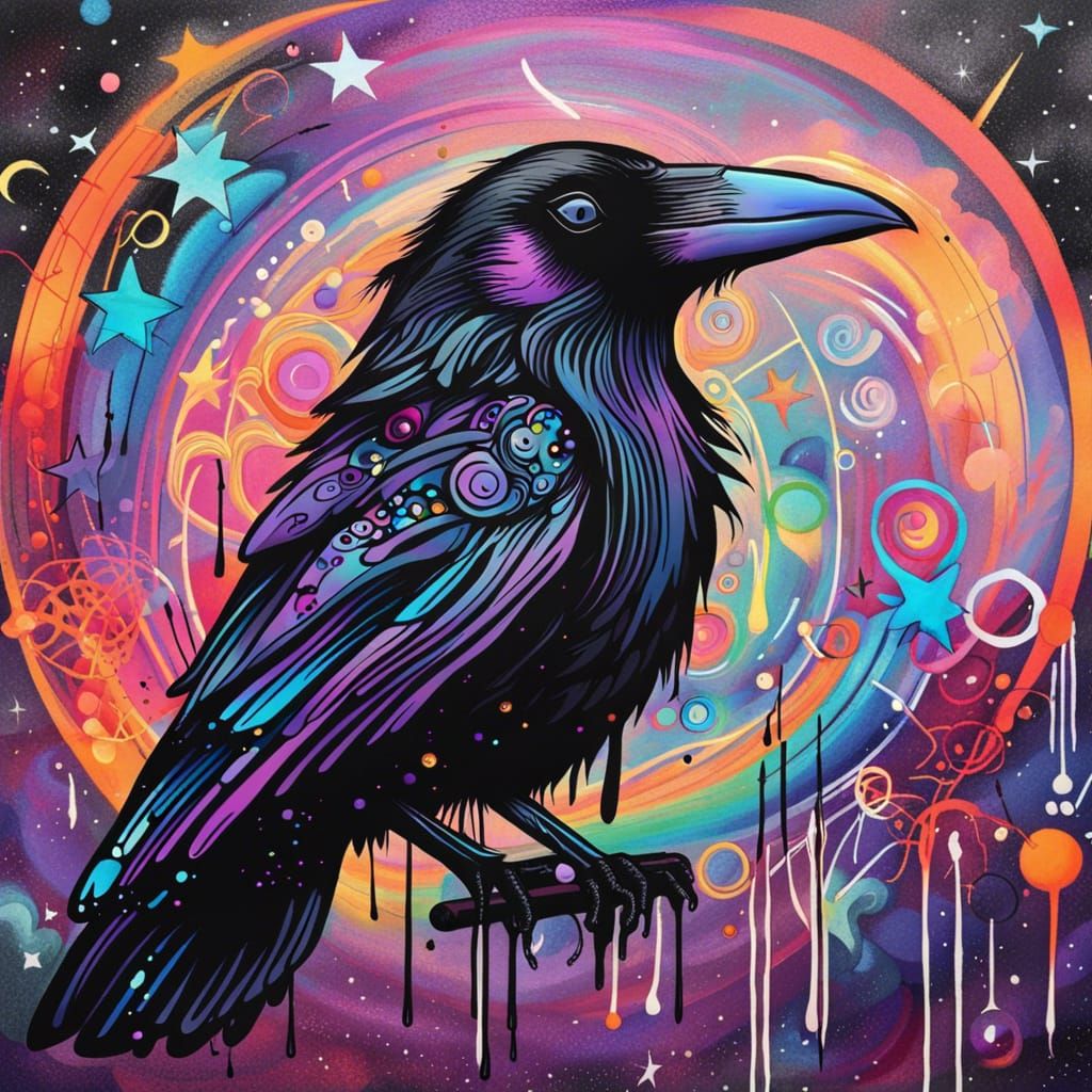 Psychedelic Raven: Witch's Familiar in Graffiti Art