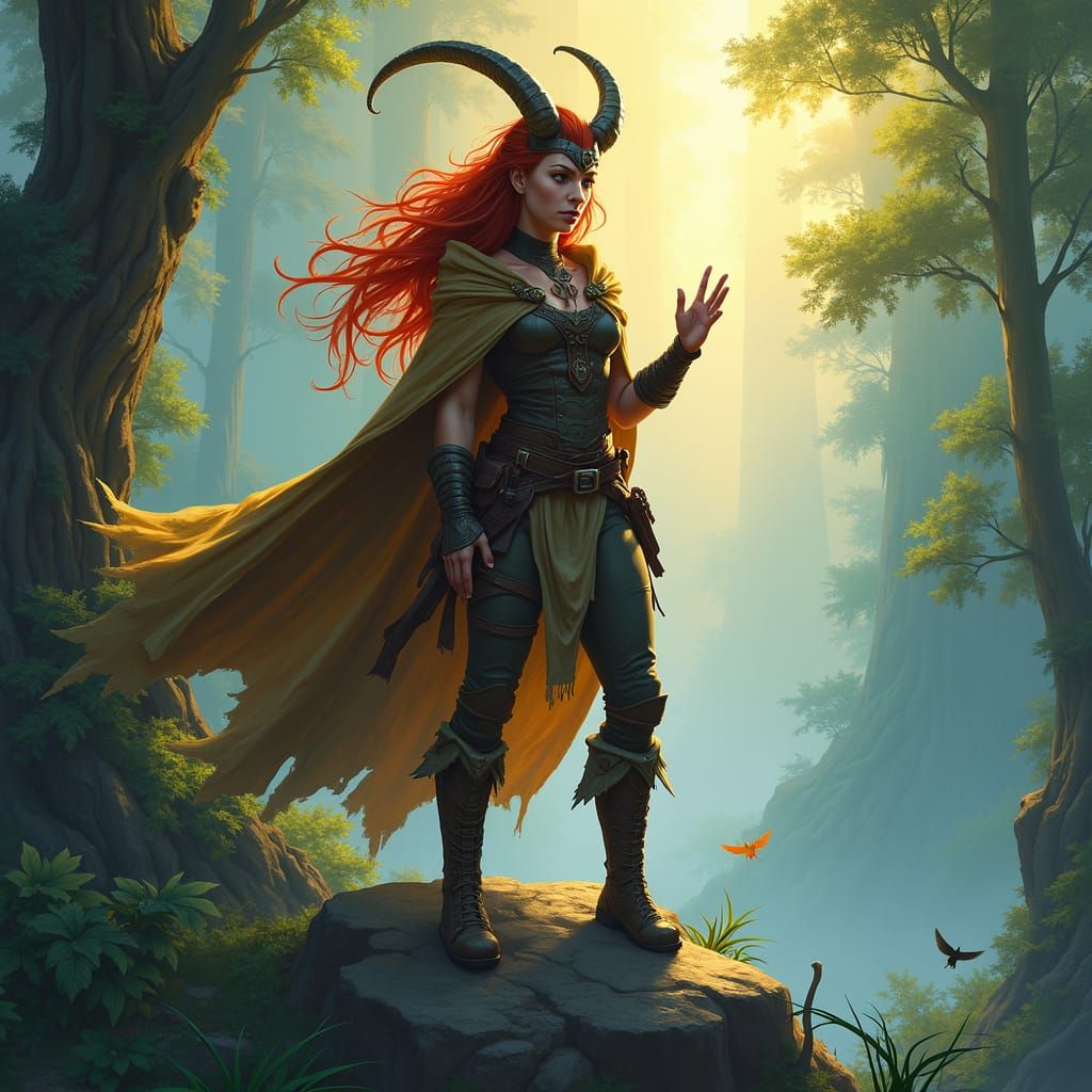 Tiefling Ranger in Mystical Forest Concept Art