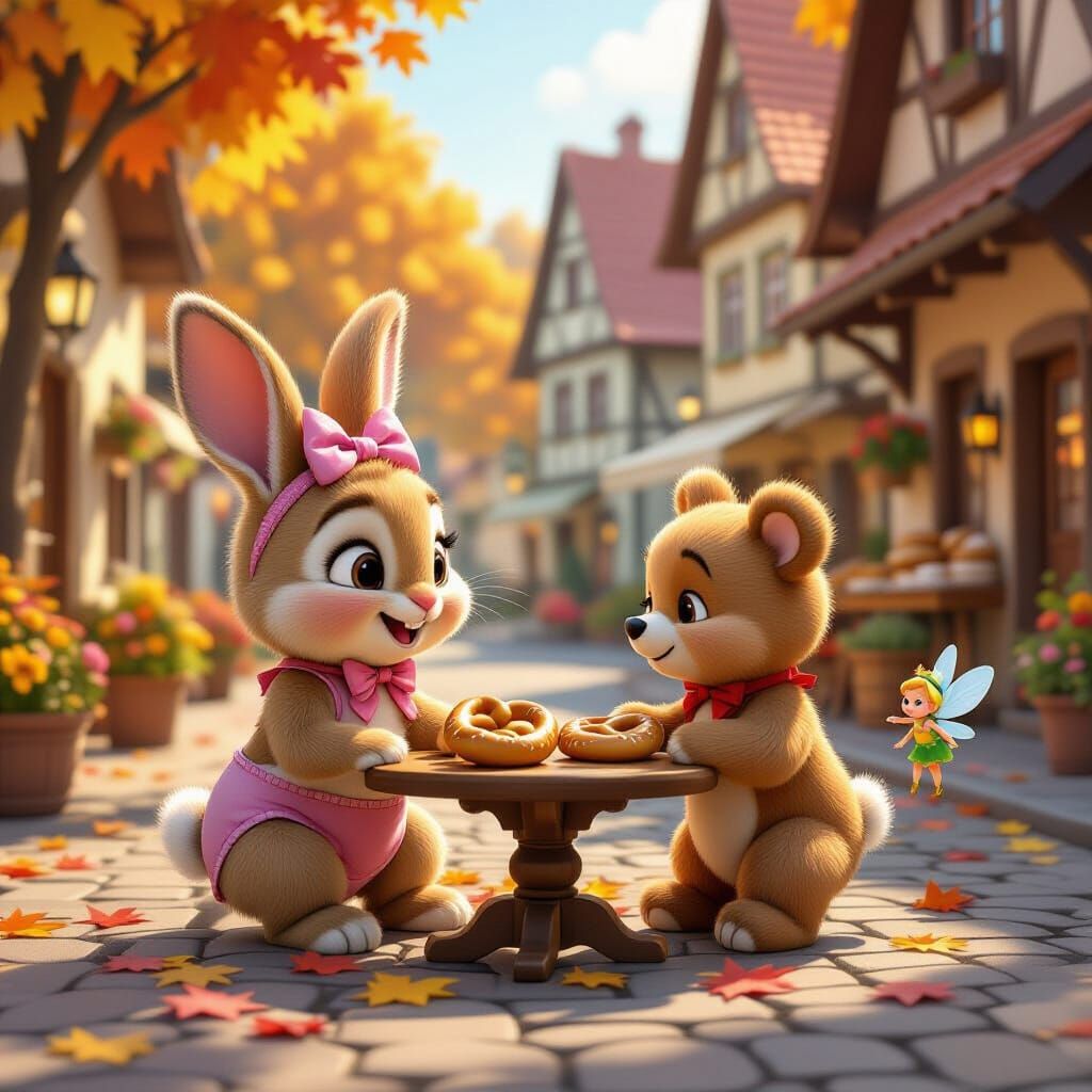 Adorable Bunny and Friends Enjoy Autumn German Street Scene