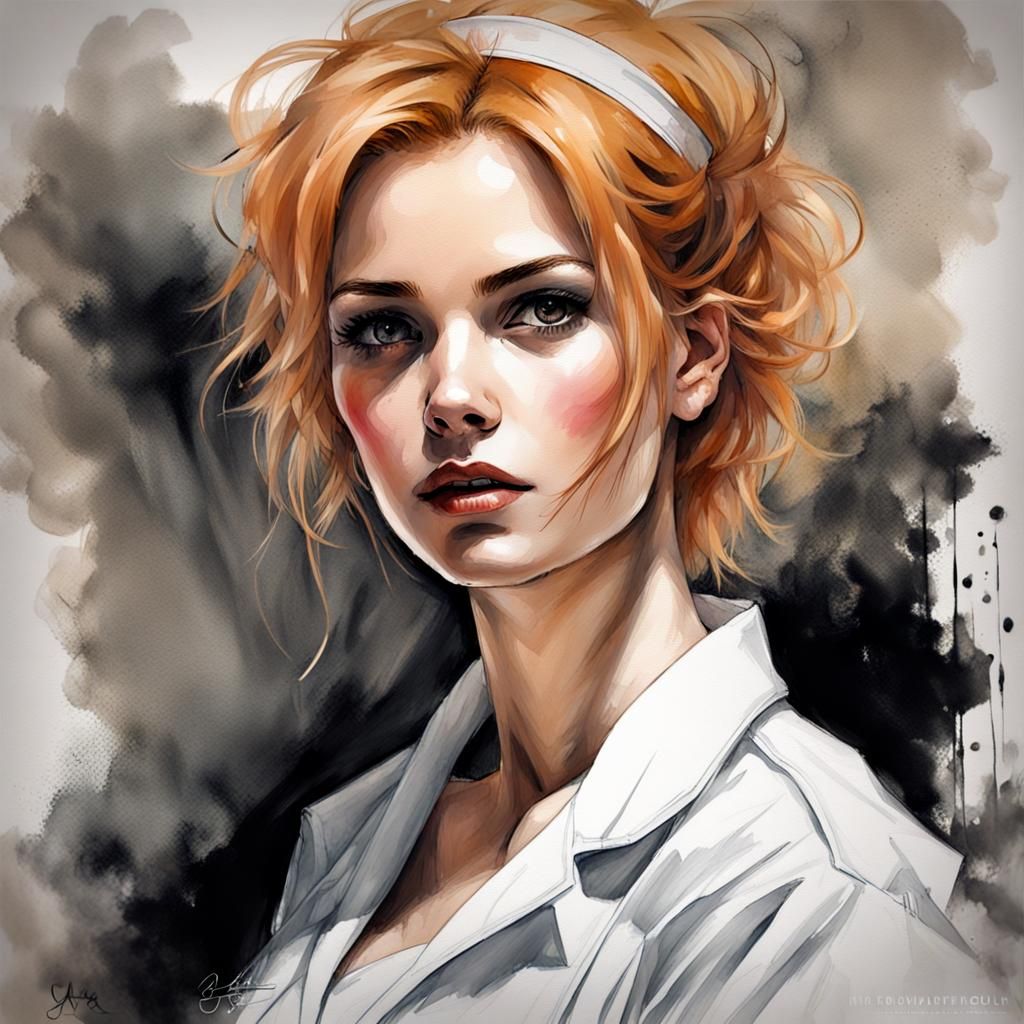 Gothic Beauty: Strawberry-Blonde Nurse in Modern Ink Paintin...